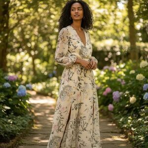 Peach Love California Floral Wide Leg Jumpsuit Boho Cottagecore Beige Flowy L